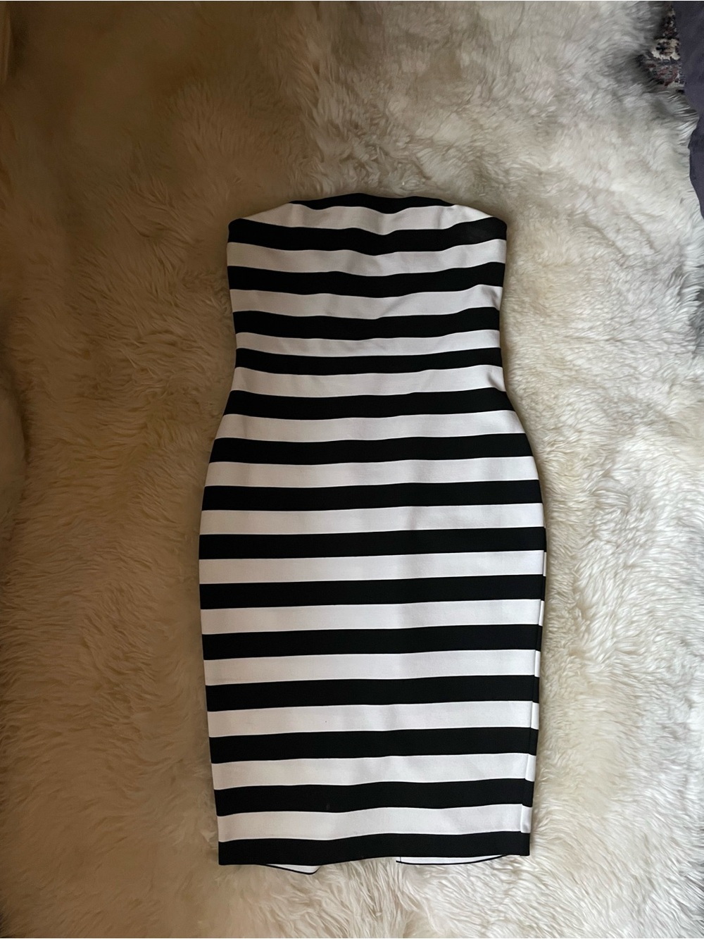 Vintage Express strapless body con bandage style black & white striped dress